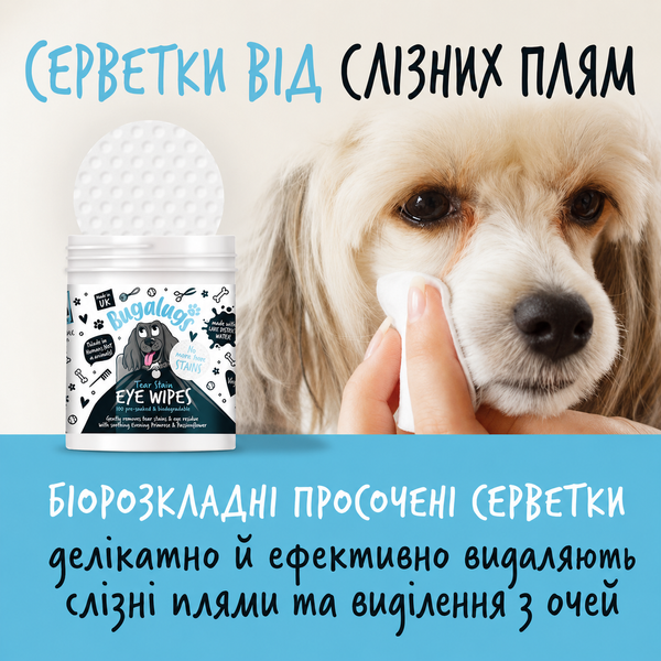 Bugalugs Tear Stain Eye Wipes Бугалугс Серветки для видалення сльозних доріжок 100шт BCDULTSTPADS фото