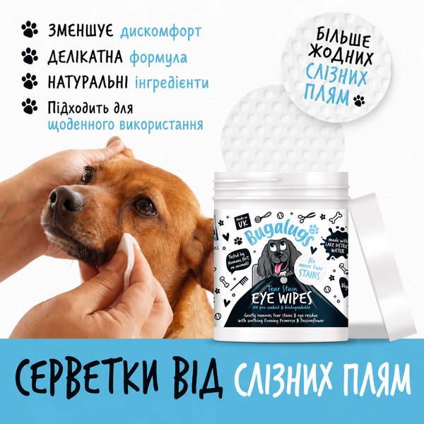 Bugalugs Tear Stain Eye Wipes Бугалугс Серветки для видалення сльозних доріжок 100шт BCDULTSTPADS фото