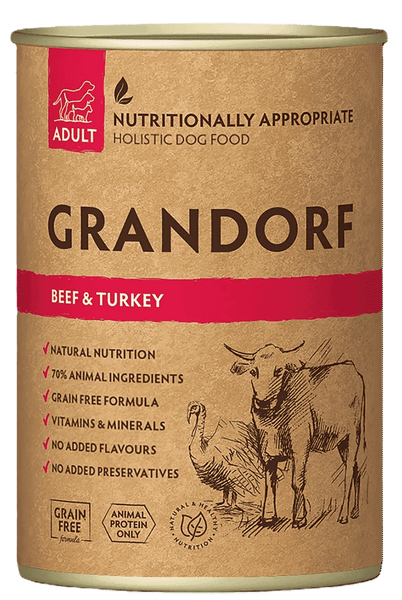 Grandorf Beef&Turkey Консерва яловичина з індичкою для собак GDW99404 фото Grandorf Beef&Turkey Консерва яловичина з індичкою для собак GDW99404 фото