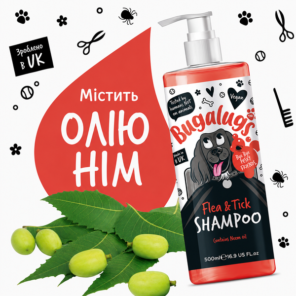 Bugalugs Flea and Tick Dog Shampoo with Neem Oil Бугалугс Шампунь від бліх і кліщів для собак з олією нім 250мл BSHFTKK250 фото
