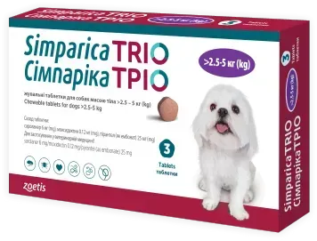 Сімпаріка Тріо (Simparica Trio) Протипаразитарний препарат для собак вагою від 2,5 до 5кг (1 таблетка) 10027029_1 фото