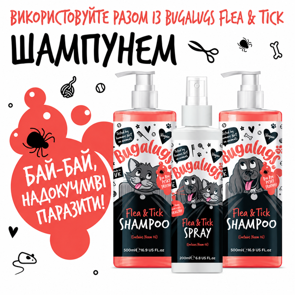 Bugalugs Flea and Tick Spray with Neem Oil Спрей Бугалугс від бліх і кліщів для собак і котів з олією нім 200мл BFLTKS200 фото