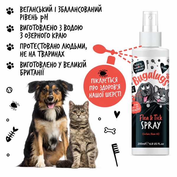 Bugalugs Flea and Tick Spray with Neem Oil Спрей Бугалугс від бліх і кліщів для собак і котів з олією нім 200мл BFLTKS200 фото