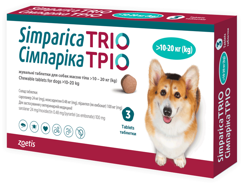 Сімпаріка Тріо (Simparica Trio) Протипаразитарний препарат для собак вагою від 10 до 20кг (1 таблетка) 10027027_1 фото Сімпаріка Тріо (Simparica Trio) Протипаразитарний препарат для собак вагою від 10 до 20кг (1 таблетка) 10027027_1 фото