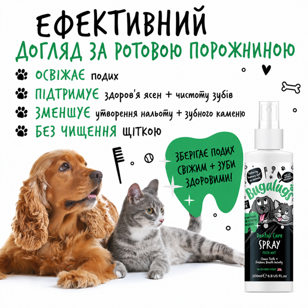 Bugalugs Dental Care Spray in Fresh Mint Спрей Бугалугс для гігієни ротової порожнини і свіжого дихання собак і котів 200мл BDENSPRY200 фото