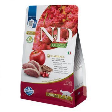 Farmina N&D Quinoa Grain Free Cat Hairball Беззерновий сухий корм Фарміна для дорослих котів для стимулювання виведення шерстяних грудочок з качкою, кіноа, яблуком і журавлиною 300г 177894 фото