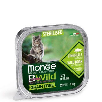 Monge Cat Wet Bwild Grain Free Sterilised Вологий беззерновий корм для дорослих стерилізованих котів кабан з овочами 100г 70012904 фото