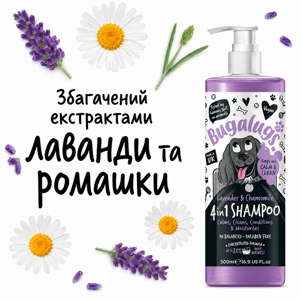 Bugalugs Pet Shampoo 4 in 1 Lavender & Chamomile Бугалугс Шампунь для собак 4 в 1 (заспокоєння, очищення, кондиціювання, зволоження) з ароматом лаванди та ромашки 250мл BSHLE250 фото