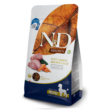Farmina N&D Brown Grain Free Mini Adult Lamb & Spirulina & Carrot Беззерновий сухий корм Фарміна для собак дрібних порід із коричневою шерстю з ягням, спіруліною та морквою 2кг 177878 фото
