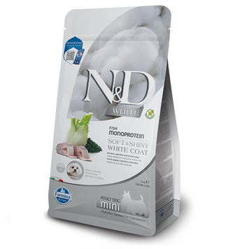 Farmina N&D White Grain Free Mini Adult Sea Bass & Spirulina & Fennel Беззерновий сухий корм Фарміна для собак дрібних порід із білою шерстю з сібасом, спіруліною та фенхелем 2кг 176431 фото