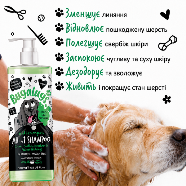 Bugalugs Pet Shampoo All in 1 Wild Lemongrass Бугалугс Шампунь для собак Усе в 1 (очищає, заспокоює, живить і зменшує линьку) з ароматом лемонграсу 250мл BSHALL250 фото