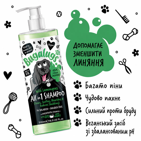 Bugalugs Pet Shampoo All in 1 Wild Lemongrass Бугалугс Шампунь для собак Усе в 1 (очищає, заспокоює, живить і зменшує линьку) з ароматом лемонграсу 250мл BSHALL250 фото