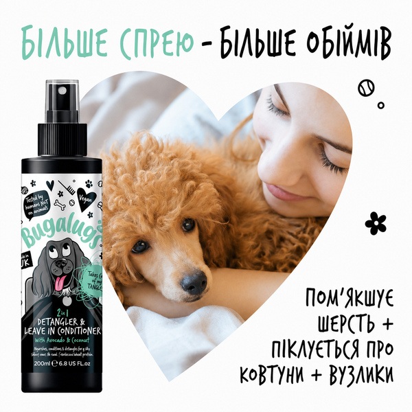 Bugalugs Tangle Tame Detangle & Condition Spray Avocado & Coconut Кондиціонуючий Спрей Бугалугс для розплутування ковтунів з ароматом авокадо і кокосу 200мл BDTNGT200 фото