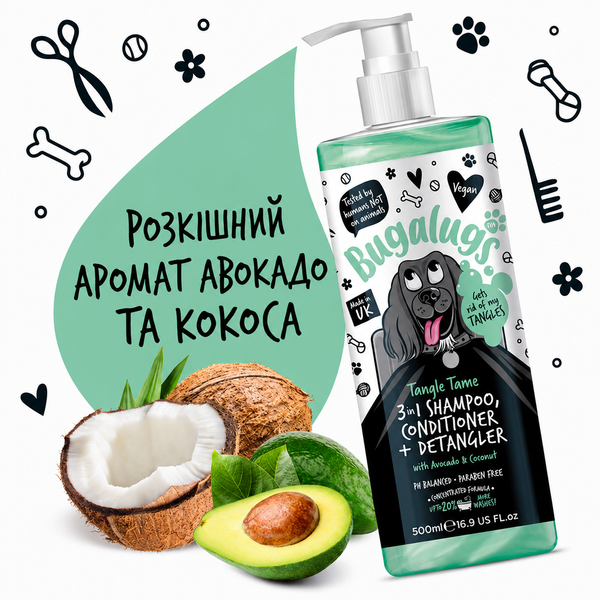 Bugalugs Pet Shampoo Tangle Tame 3 in 1 Бугалугс Шампунь для собак 3 в 1 (очищення, кондиціювання, розплутування) з ароматом авокадо та кокосу 250мл BSTNGT250 фото