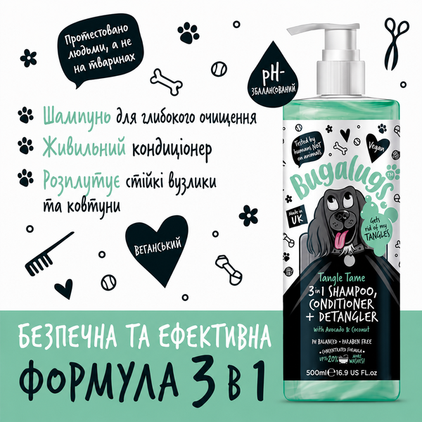Bugalugs Pet Shampoo Tangle Tame 3 in 1 Бугалугс Шампунь для собак 3 в 1 (очищення, кондиціювання, розплутування) з ароматом авокадо та кокосу 250мл BSTNGT250 фото