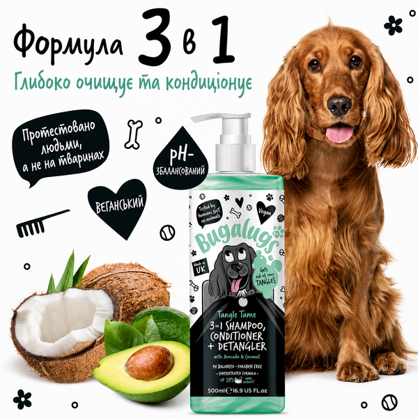 Bugalugs Pet Shampoo Tangle Tame 3 in 1 Бугалугс Шампунь для собак 3 в 1 (очищення, кондиціювання, розплутування) з ароматом авокадо та кокосу 250мл BSTNGT250 фото